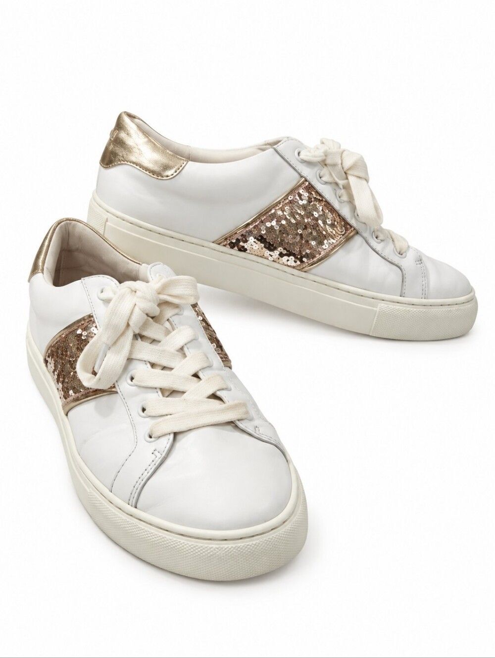 Tory Burch women's carter Sequin glittery lace up leather upper sneakers, 7.5